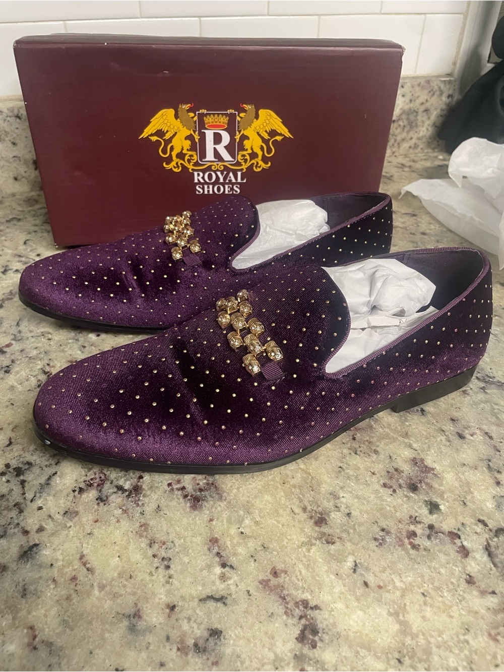 Royal Shoes purple velvet loafers feature a gold stud design size 13 prom dress